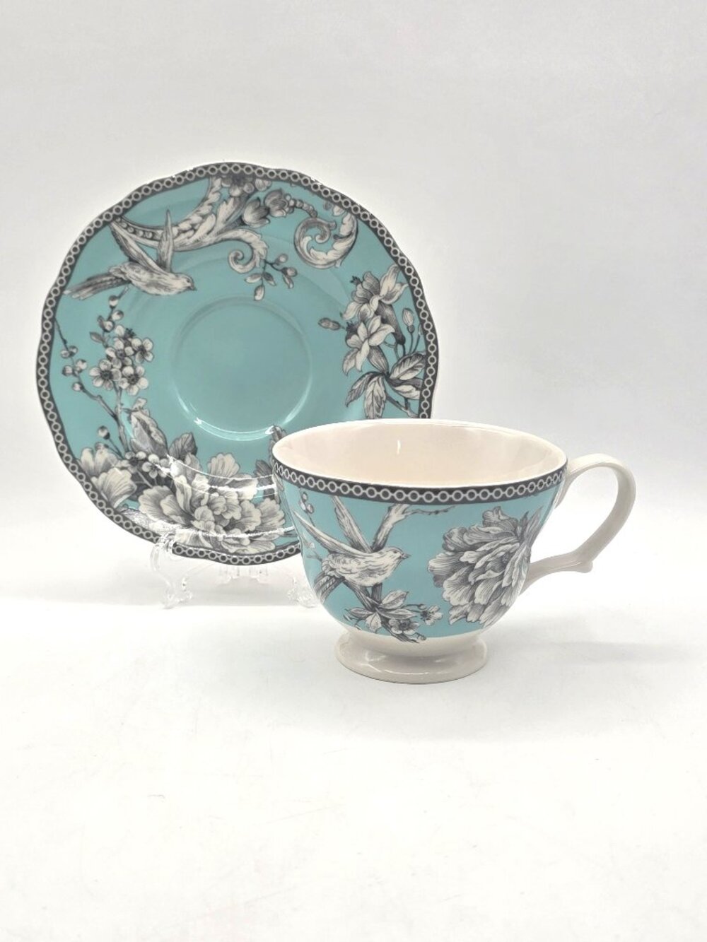 222 Fifth ADELAIDE TURQUOISE Toile Birds Cup & Saucer Set Fine China